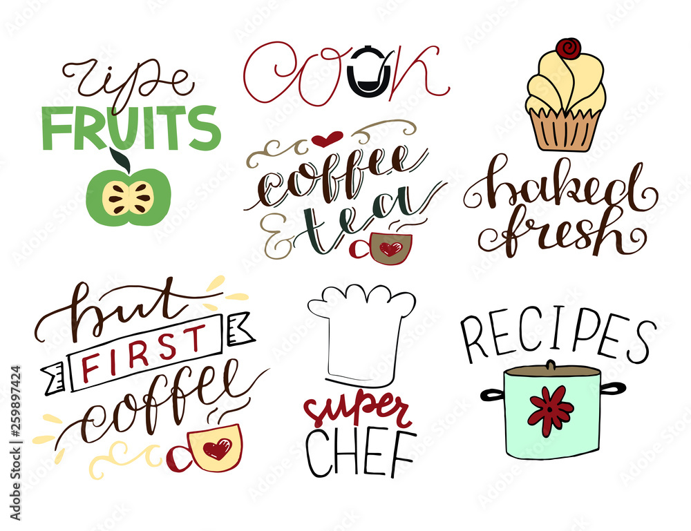 7 hand-lettering quotes about food Ripe fruits. Cook. Baked fresh. But ...