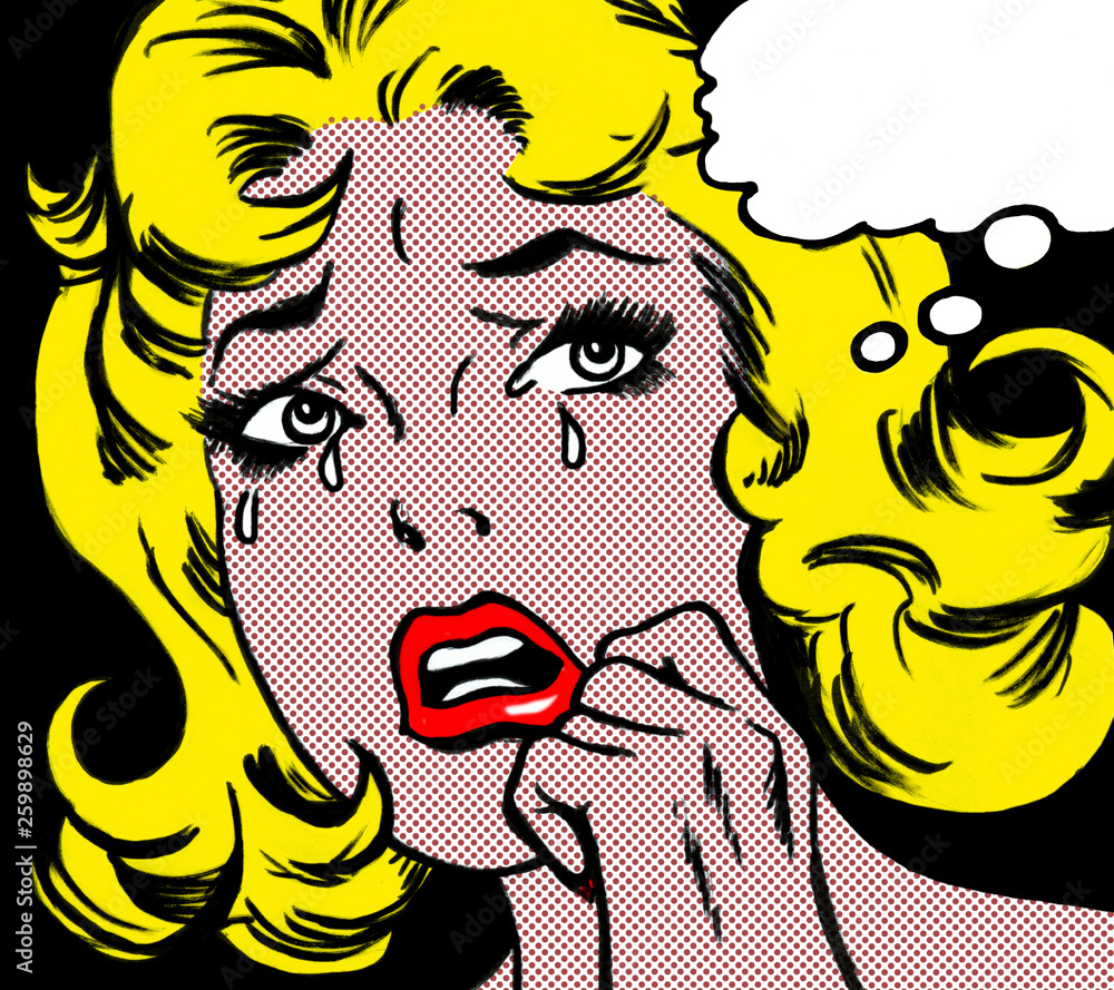 Fényképezés illustration of a crying woman in the style of 60s comic books, pop art