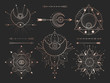 Vector set of Sacred geometric symbols and figures on black background. Gold abstract mystic signs collection.