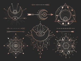 Wall Mural - vector set of sacred geometric symbols and figures on black background. gold abstract mystic signs c