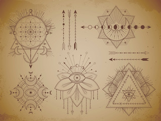 Wall Mural - symbols and figures on old paper background. abstract mystic signs collection.