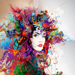 futuristic colorful background with beautiful female face and butterflies 