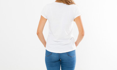 Wall Mural - back view: woman in white t-shirt mock up isolated, t shirt female, blank tshirt