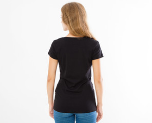 back rear view: woman in black tshirt isolated, girl in t-shirt mock up, black T shirt. Midsection female tshirt on white background, girl in t-shirt mock up isolated