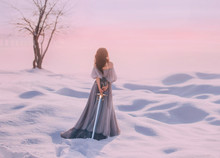 Mysterious Lady From Middle Ages With Dark Hair In Gentle Gray Blue Dress In Snowy Desert With Open Back And Shoulders, Sharp Sword Behind, Model Stands Back With No Face, Creative Pastel Colors