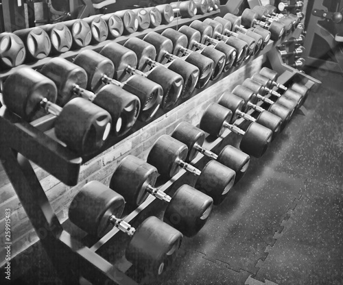 Dumbbells On Rack At Gym Center Workout Training Black Dumbbells On Rack At Gym Center Workout Training Black