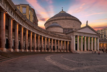 Naples Campania Italy. Basilica Reale Pontificia Di San Francesco Di Paola In Piazza Plebiscito At Sunset