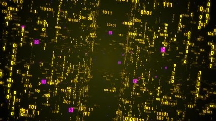 Digital fly binary code background loop. Data binary code network. 4K loop animation. Yellow version