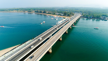 Aerial View Drone shot of sarasin bridge Phuket thailand image transportation background