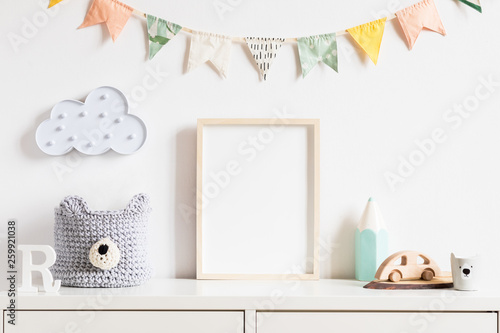 Stylish Scandinavian Newborn Baby Room With Toys Teddy Bear