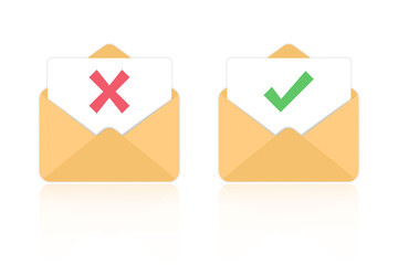 Leinwandbilder - Open letter rejectioned and approved. Opened envelope and document with red mark and round green check mark icon