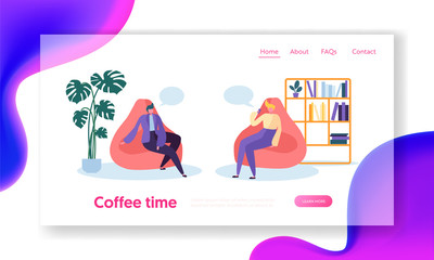 Wall Mural - Business People Characters Relaxing on Coffee Time Break Sitting in Comfortable Armchairs in Room. Office Lifestyle Landing Page. Warm Conversation of Colleagues. Cartoon Flat Vector Illustration