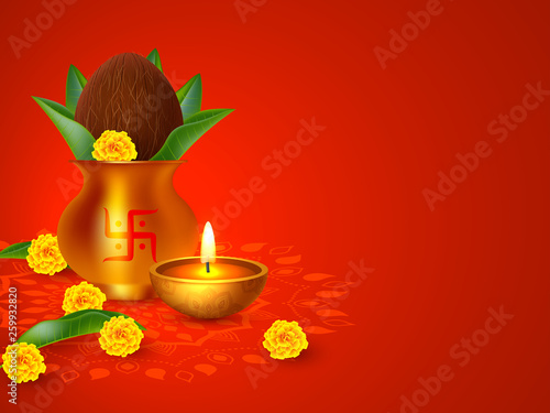 Indian Holiday Background Kalash With Coconut Flowers And Mango