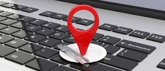 Sticker - Map pointer location and place setting on laptop. 3d illustration