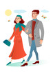 Color graphic drawing of characters of young smiling woman and man, in fashion clothes. Beautiful couple. Vector illustration, isolated on background, for print, web, design.