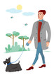 Color graphic drawing of character of young smiling man in fashion clothes with scotch terrier breed dog. Dandy is walking dog in park. Vector illustration, isolated on background.