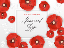 Memorial Day Banner With Red Paper Cut Poppy Flowers. Remembrance Day Poster With Symbol Of Piece Poppies For Flyer, Brochure, Leaflet. Vector Illustration