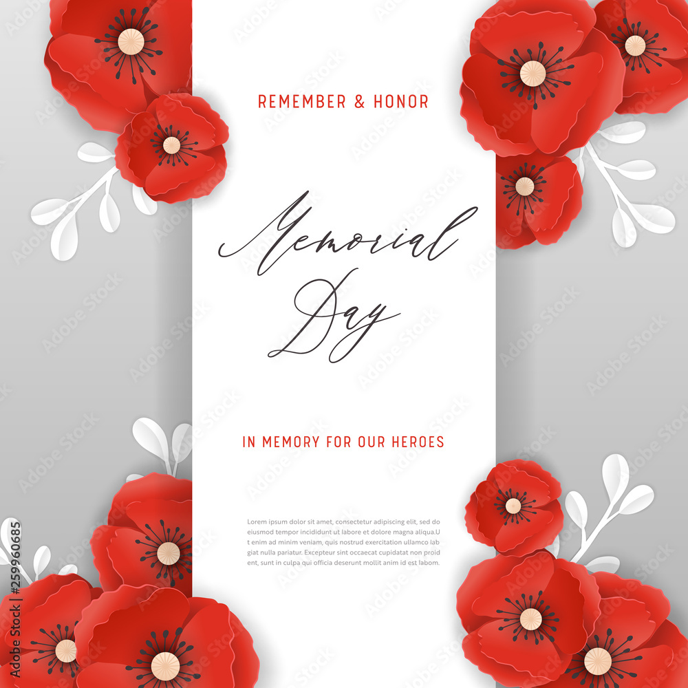 Memorial Day Banner with Red Paper Cut Poppy Flowers. Remembrance Day ...