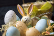 Easter bunny closeup with colorful eggs