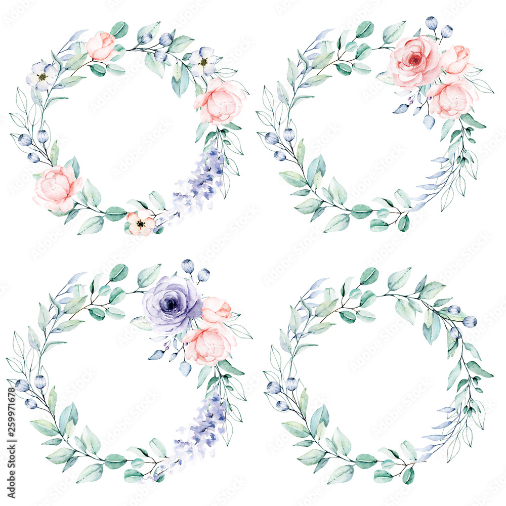 Watercolor flower and leaf wreath. Floral clip art. Frame perfectly for ...