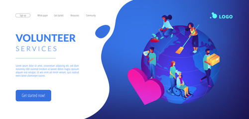 Canvas Print - Volunteers at work on globe cleaning, helping the elderly, planting and donating. Volunteering, volunteer services, altruistic job activity concept. Isometric 3D website app landing web page template