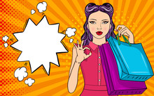 Sexy Surprised Woman With Shopping Bags, Big Sales.Vector Colorful Background In Pop Art Retro Comic Style.