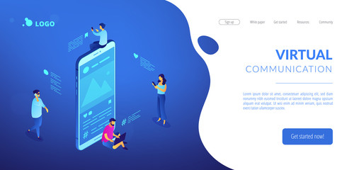 Wall Mural - Business people send social media messages with smartphones and laptop. Social media messages, virtual communication, social media feedback concept. Isometric 3D website app landing web page template