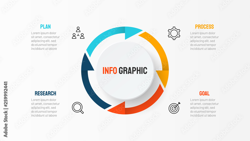 Business element for infographic with thin line icons. Cycle process with 4 options, parts, steps. Vector template. - obrazy, fototapety, plakaty 