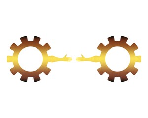 Wall Mural - Web Banner, Header Layout Template. Politic and economic relationship metaphor. Cog wheels with human arms.