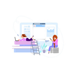 Wall Mural - Online courses and trainings - concept illustrations, tiny people on the background of the monitor, are engaged on the tablet.
