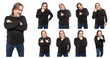 A set of photos of a middle-aged man in various poses and emotions. A collage of isolated on white background images.