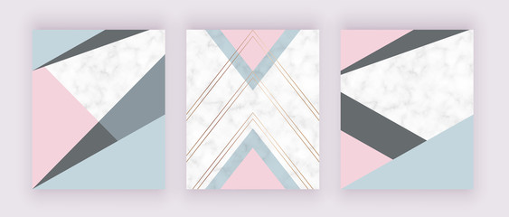 Modern geometric cover design with pink, grey triangles shapes on the marble texture. Background for card, flyer, invitation, banner, party, birthday, wedding, print advertising