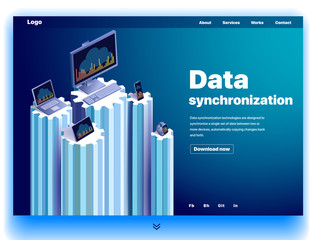 Wall Mural - website providing the service of data synchronization. concept of a landing page for data sync. vect