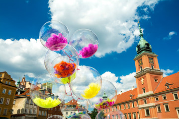 Sticker - Architecture and balloons in the colorful Old Town of Warsaw, Poland's capital.