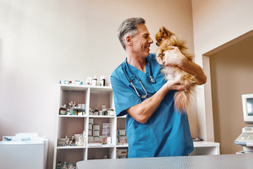 My best part of work! Middle aged positive vet in work uniform talking with small ginger dog while standing at veterinary clinic