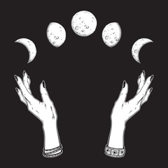 Wall Mural - Hand drawn line art and dot work moon phases in hands of witch isolated. Boho chic flash tattoo, poster, altar veil or tapestry print design vector illustration.