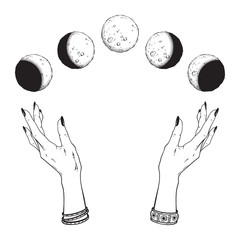 Wall Mural - hand drawn line art and dot work moon phases in hands of witch isolated. boho chic flash tattoo, pos