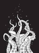 Octopus Tentacles Curl And Intertwined Hand Drawn Black And White Line Art Background Or Print Design Vetor Illustration.
