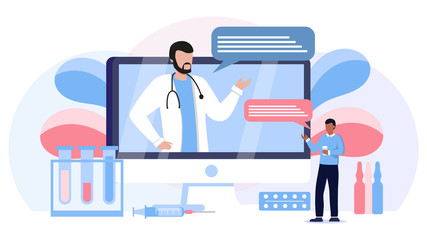 Virtual personal family doctor vector illustration. Flat tiny persons medical app concept. Virtual emergency health consultation. Professional help using biotech artificial intelligence for diagnose