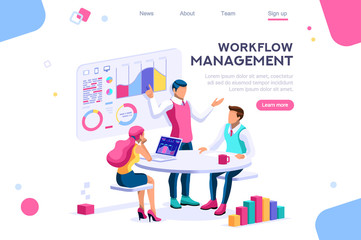Management workflow, business graphs. Brainstorming infographic. Interactive set of situations. Man concept. Interacting people. 3d images isometric vector illustrations.