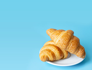 Croissant in a white plate on color background