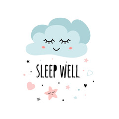 Wall Mural - Cute light pink cartoon cloud Wish text Sleep well for baby poster Decor for kids room