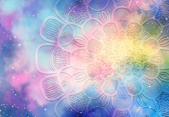 Wall Mural - abstract mandala graphic design and watercolor digital art painting for ancient geometric concept ba