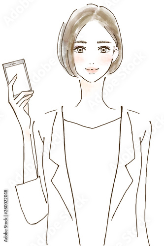 スマホ スマートフォン 携帯電話を持つ女性 手描きイラスト Stock イラスト Adobe Stock