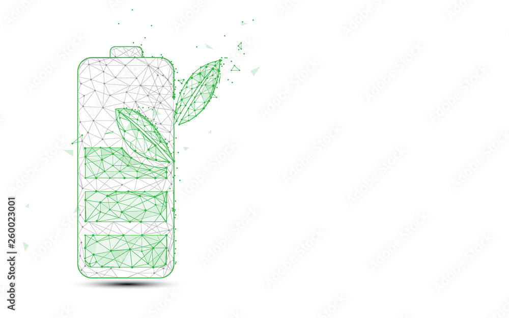 Green battery and plant form lines and triangles, point connecting network background. Ecology concept - obrazy, fototapety, plakaty 