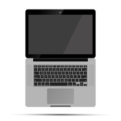 Glossy realistic wide open laptop with keyboard on white