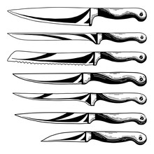 Set Of Different Kitchen Knives. Realistic Sketch.