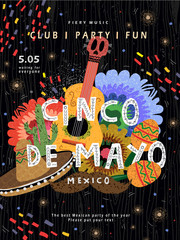 Wall Mural - Cinco de mayo! Vector illustration for mexican holiday, concept for banner, card, cover, poster, or party flyer. Drawings of guitar, sombrero, maracas, cactus and flowers