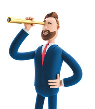 3d Illustration. Businessman Billy  Looking In Future With Spyglass .