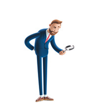 3d Illustration.Businessman Billy Looking At Banknotes Through Magnifying Glass.